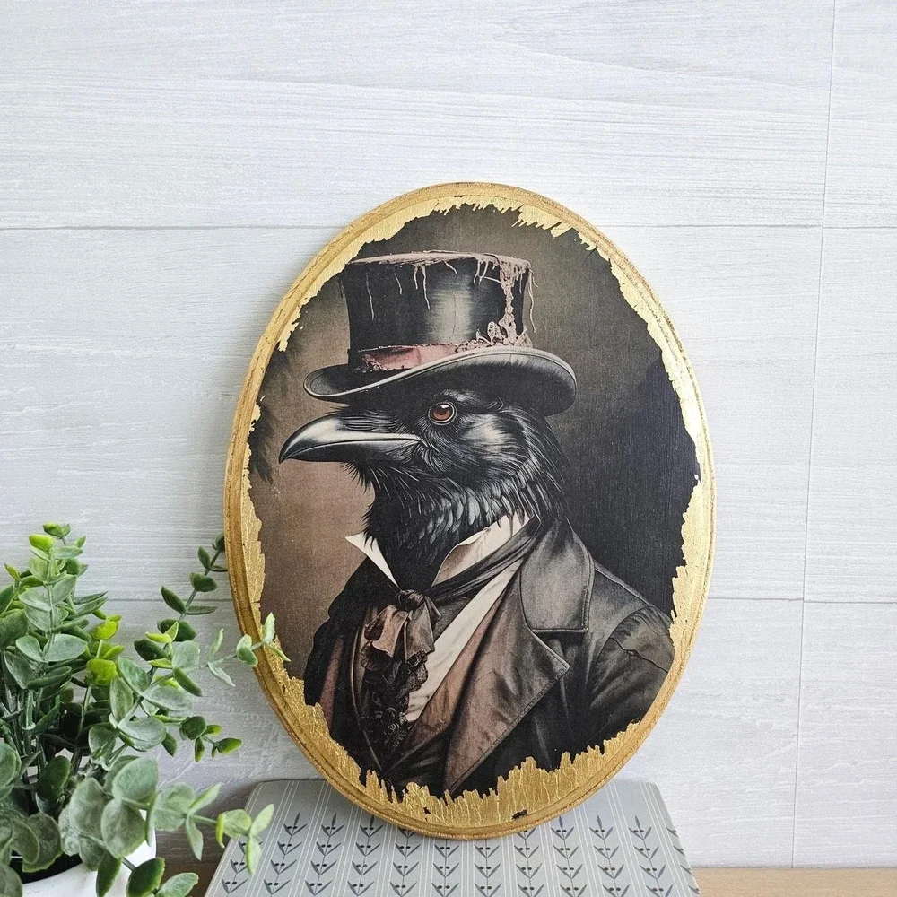 Victorian Raven Oval Plaque, Gothic Bird Art, Gold Leaf Dark Academia Decor